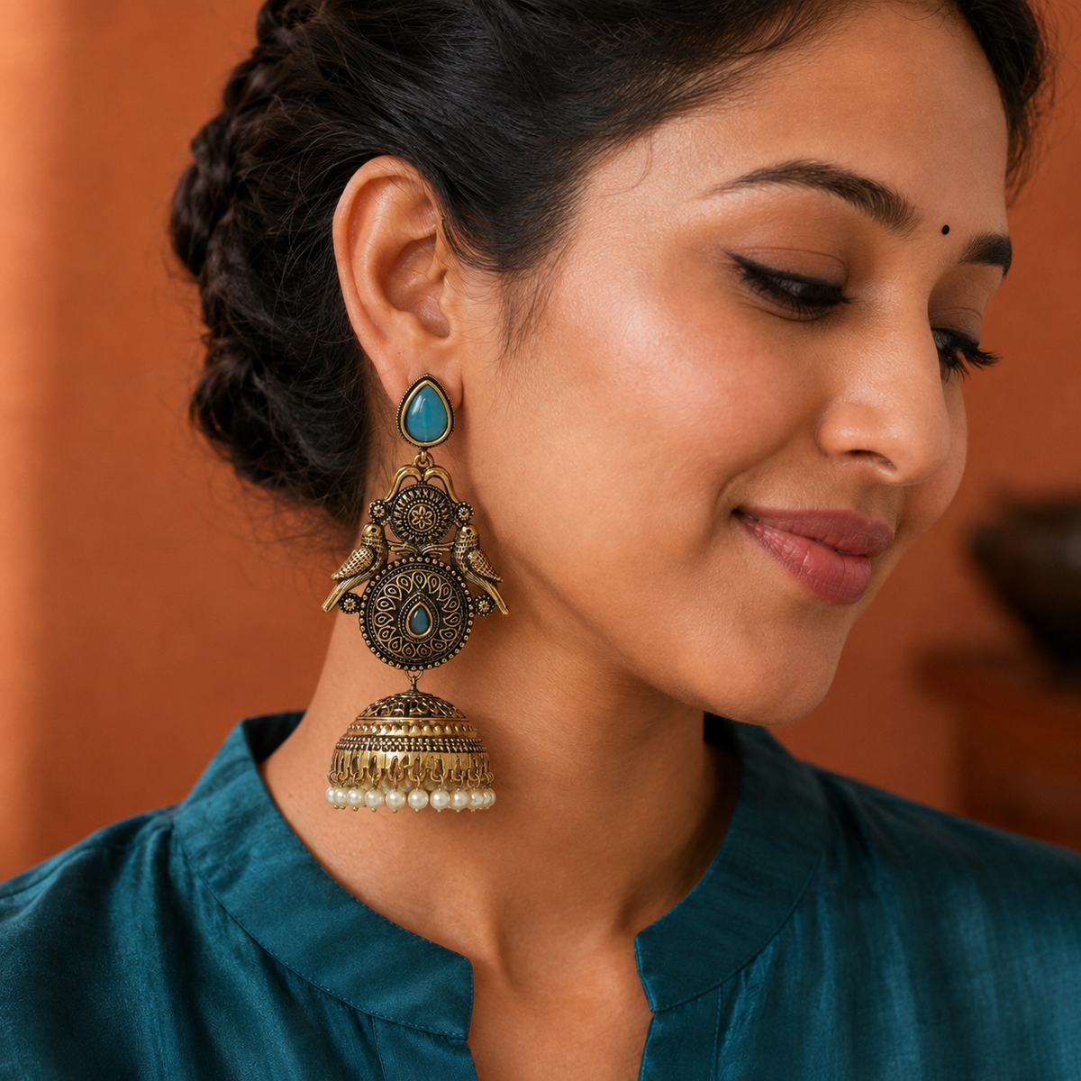 Model wearing the Mayur Neel Antique Peacock Jhumka Earrings — close-up
