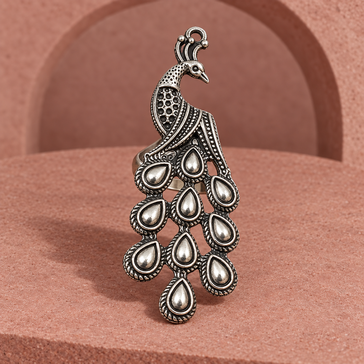 Mayura Cascade Oxidised Peacock Ring | MyJhumki