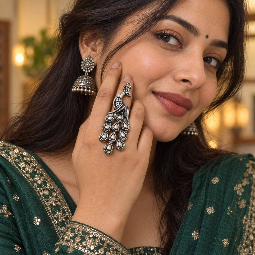 Mayura Cascade Oxidised Peacock Ring | MyJhumki