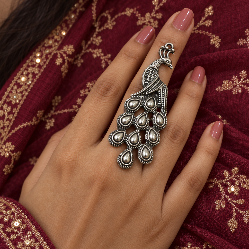 Mayura Cascade Oxidised Peacock Ring | MyJhumki