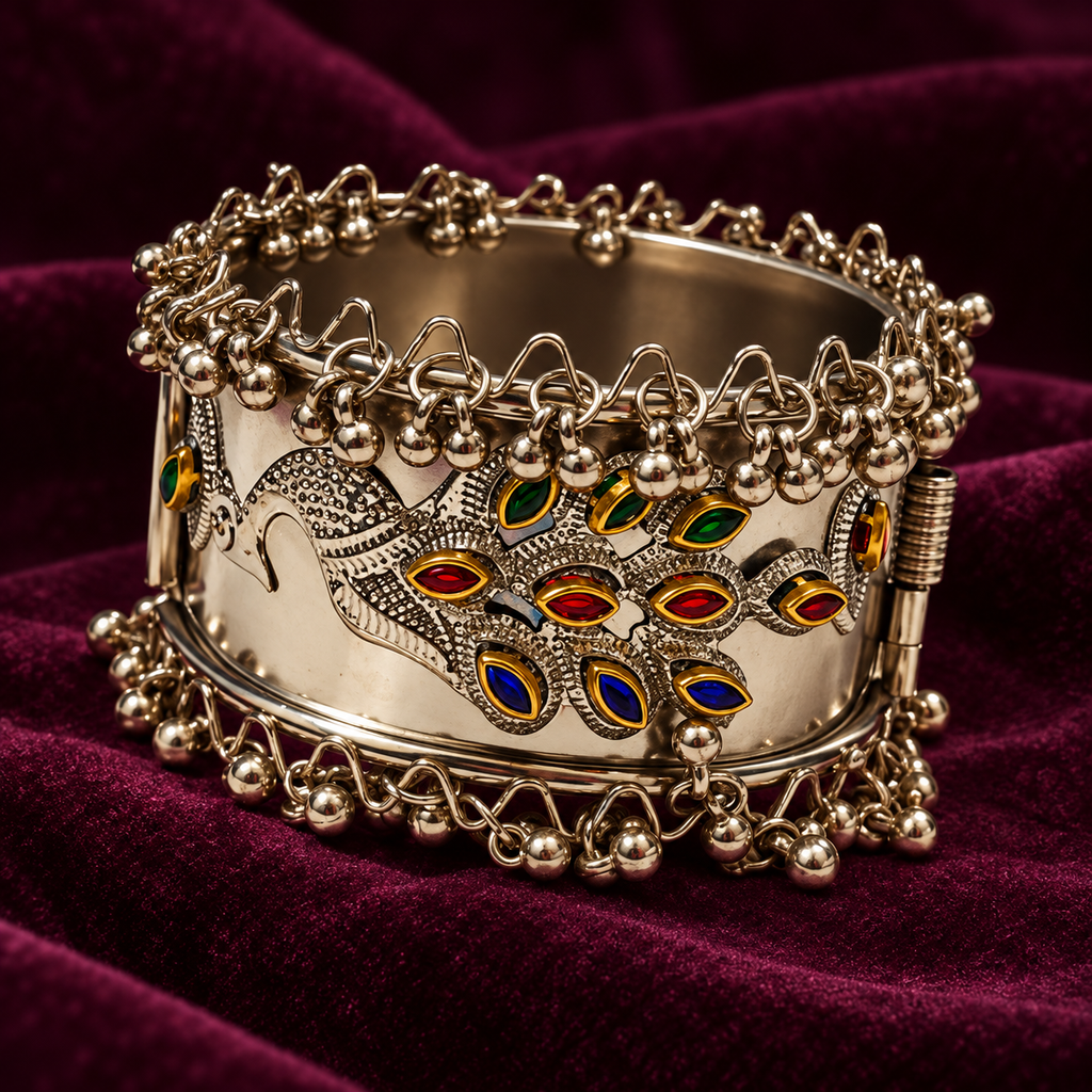 Mayura Enamel Peacock Oxidised Cuff Bracelet | MyJhumki