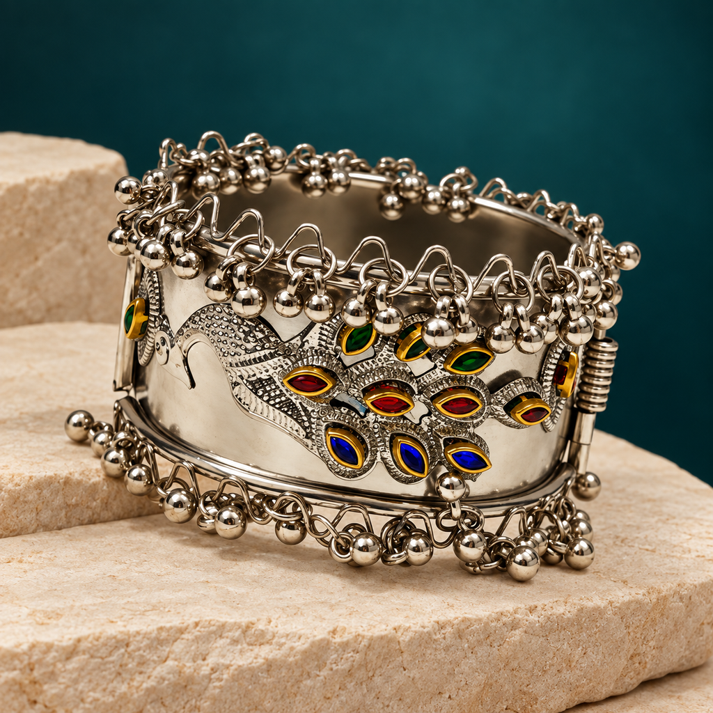 Mayura Enamel Peacock Oxidised Cuff Bracelet | MyJhumki