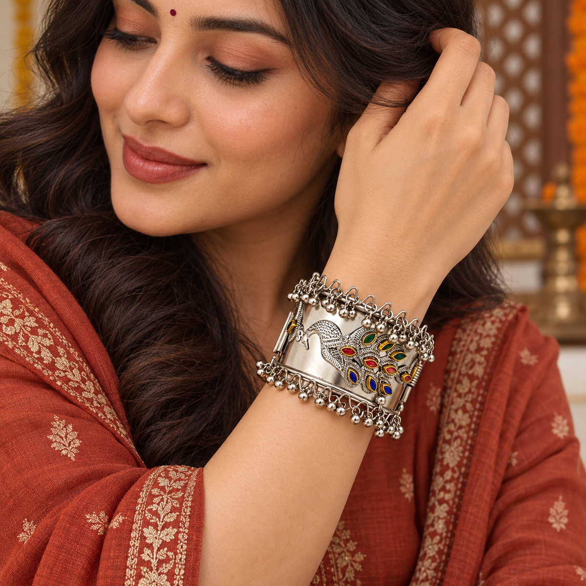 Mayura Enamel Peacock Oxidised Cuff Bracelet | MyJhumki