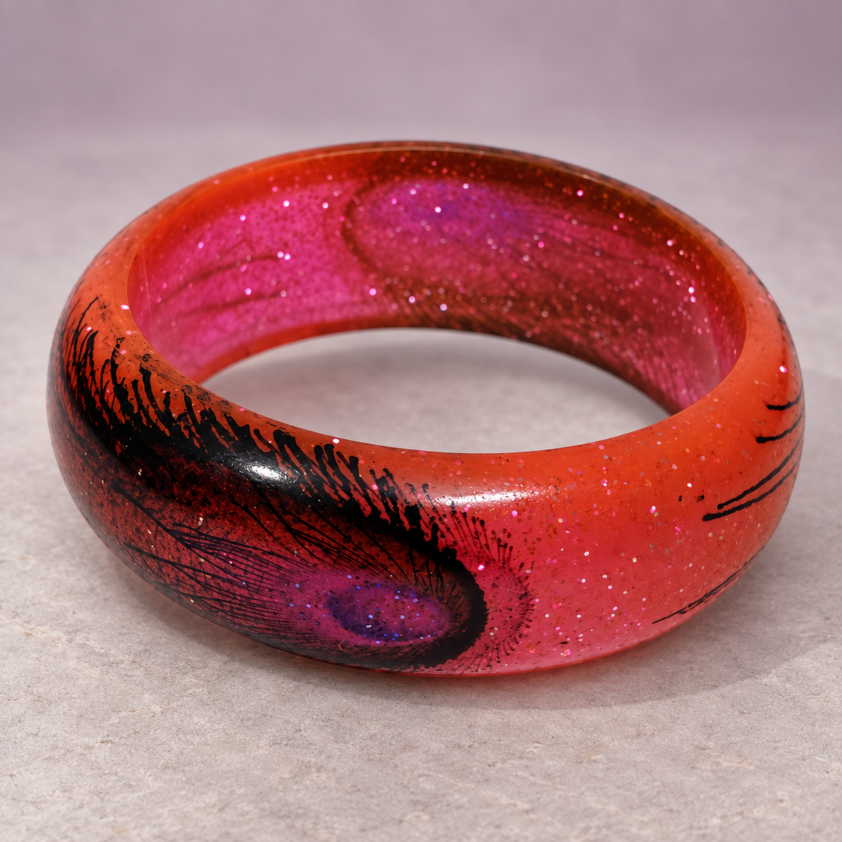 Mayuri Glitter Peacock Eye Coral Acrylic Bangle | MyJhumki