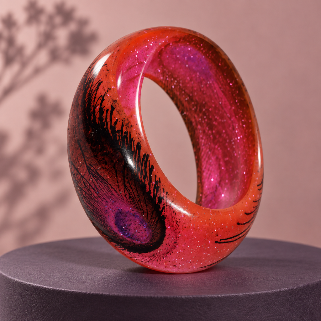 Mayuri Glitter Peacock Eye Coral Acrylic Bangle | MyJhumki