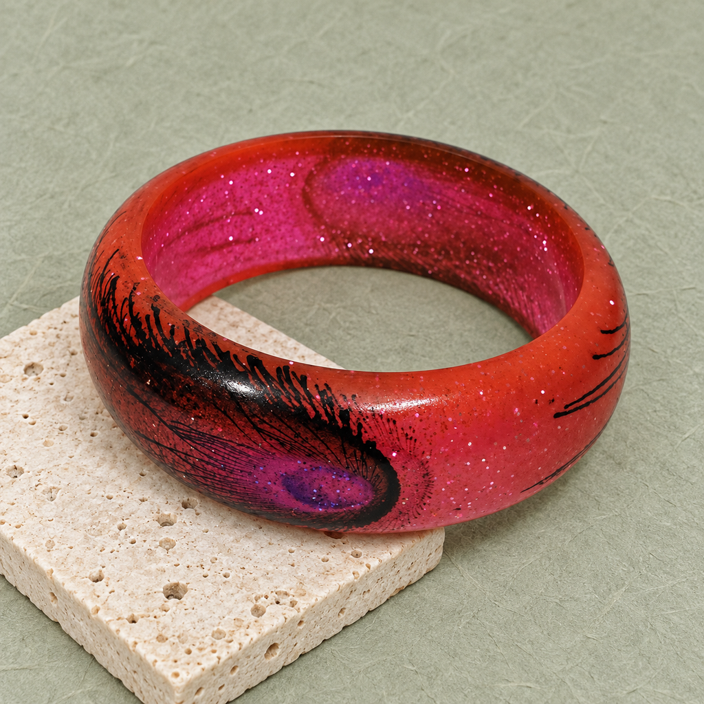 Mayuri Glitter Peacock Eye Coral Acrylic Bangle | MyJhumki