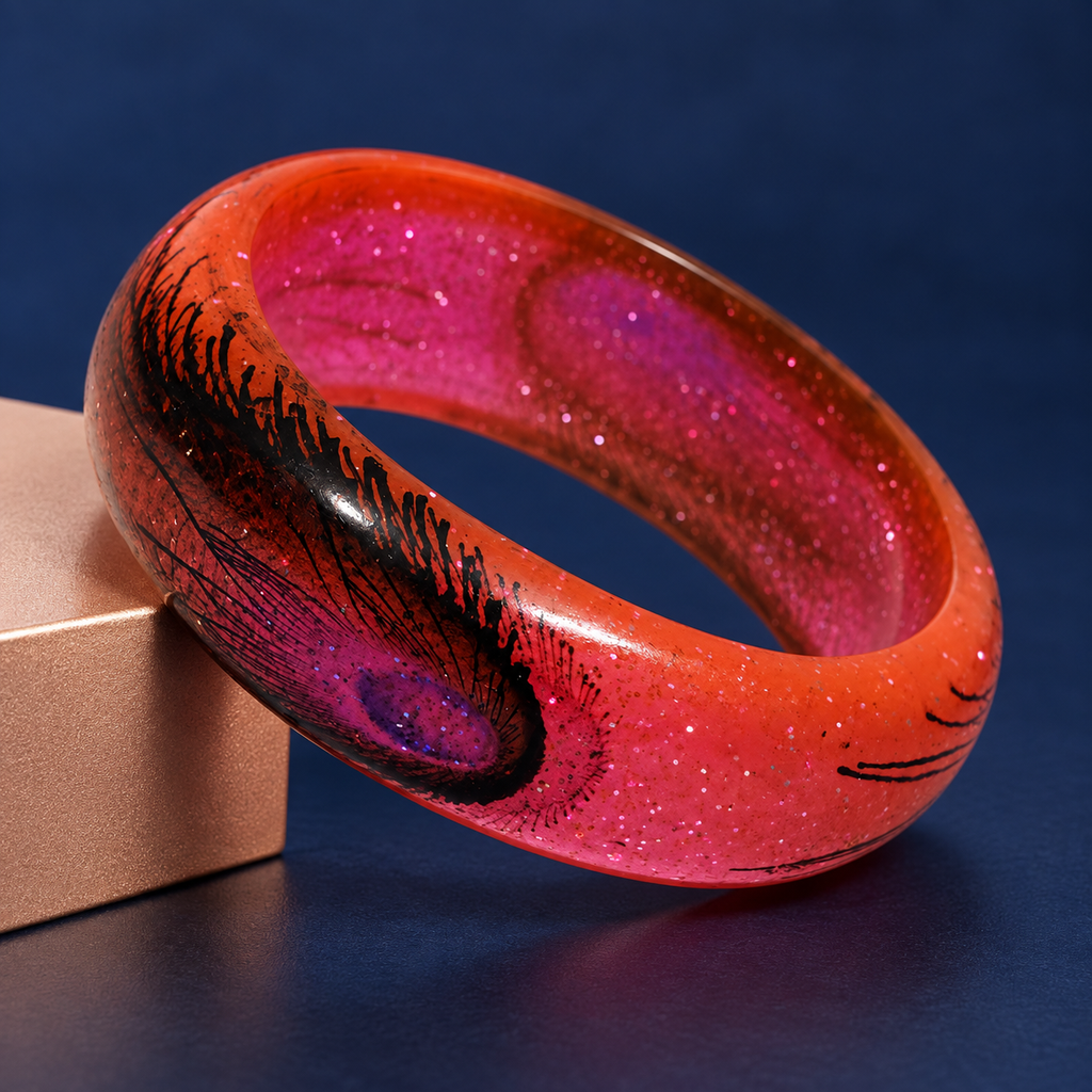 Mayuri Glitter Peacock Eye Coral Acrylic Bangle | MyJhumki
