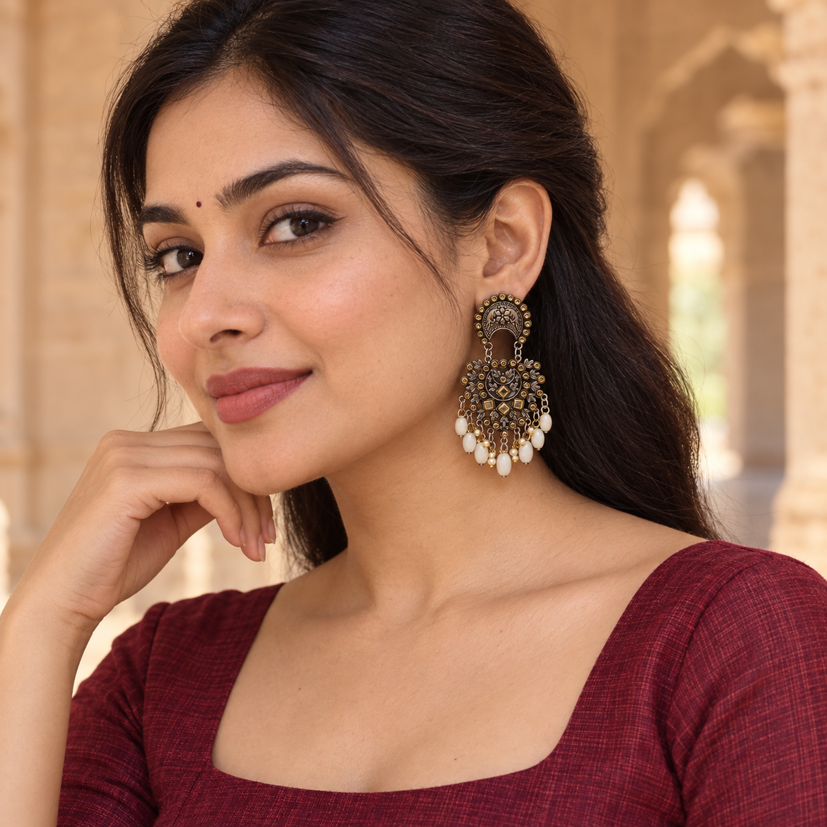 Meher Chandrika Pearl Drop Oxidised Earrings | MyJhumki