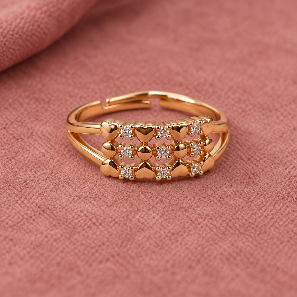 Meher Floral Lattice Rose Gold-Tone Ring on a rose suede backdrop