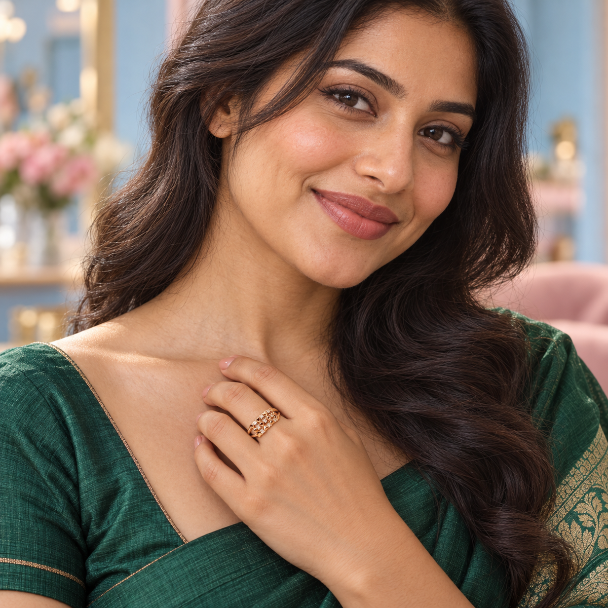 Meher Floral Lattice Rose Gold-Tone Ring worn by a model