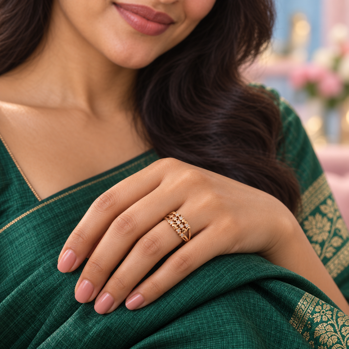 Model wearing the Meher Floral Lattice Rose Gold-Tone Ring — close-up