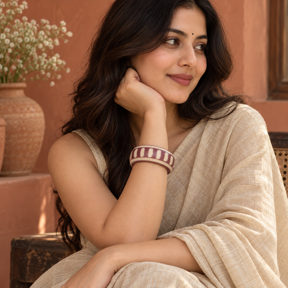 Meher Ivory Dash Wine Acrylic Bangle | MyJhumki
