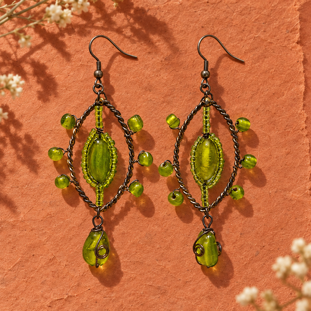 Meher Lime Green Beaded Leaf Drop Earrings | MyJhumki