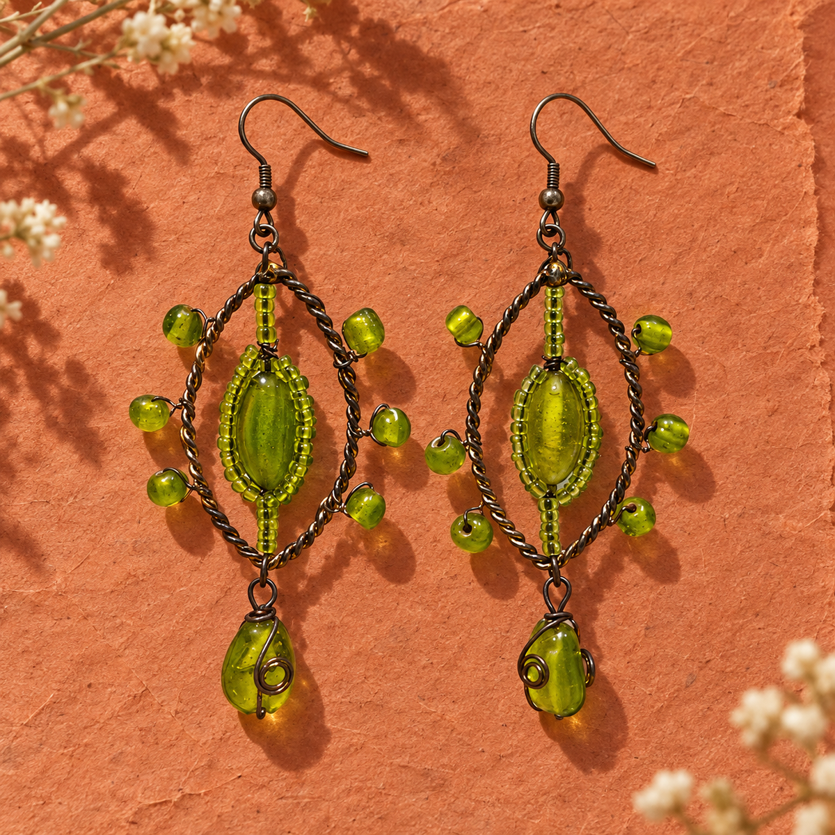 Meher Lime Green Beaded Leaf Drop Earrings | MyJhumki