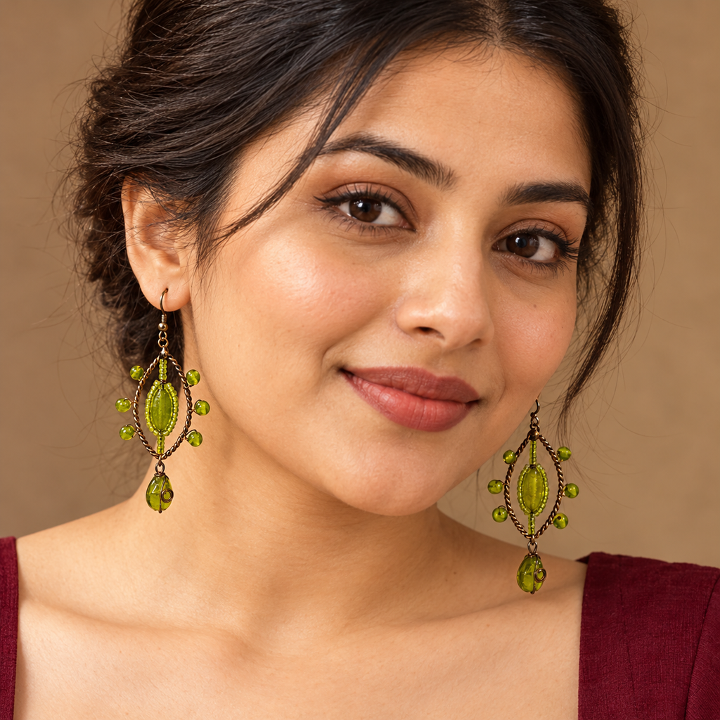 Meher Lime Green Beaded Leaf Drop Earrings | MyJhumki