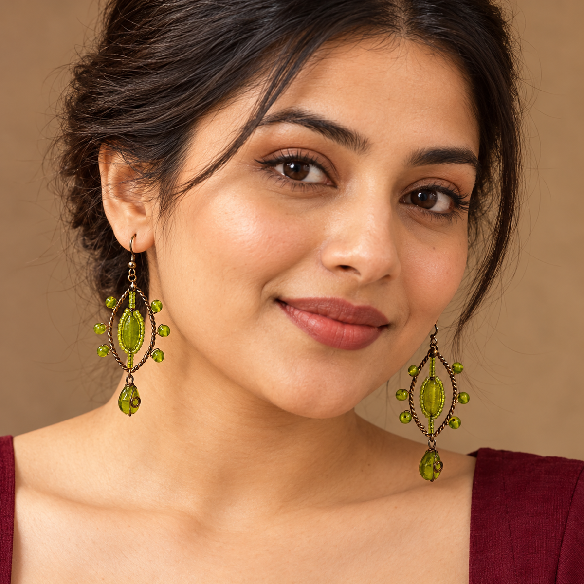 Meher Lime Green Beaded Leaf Drop Earrings | MyJhumki