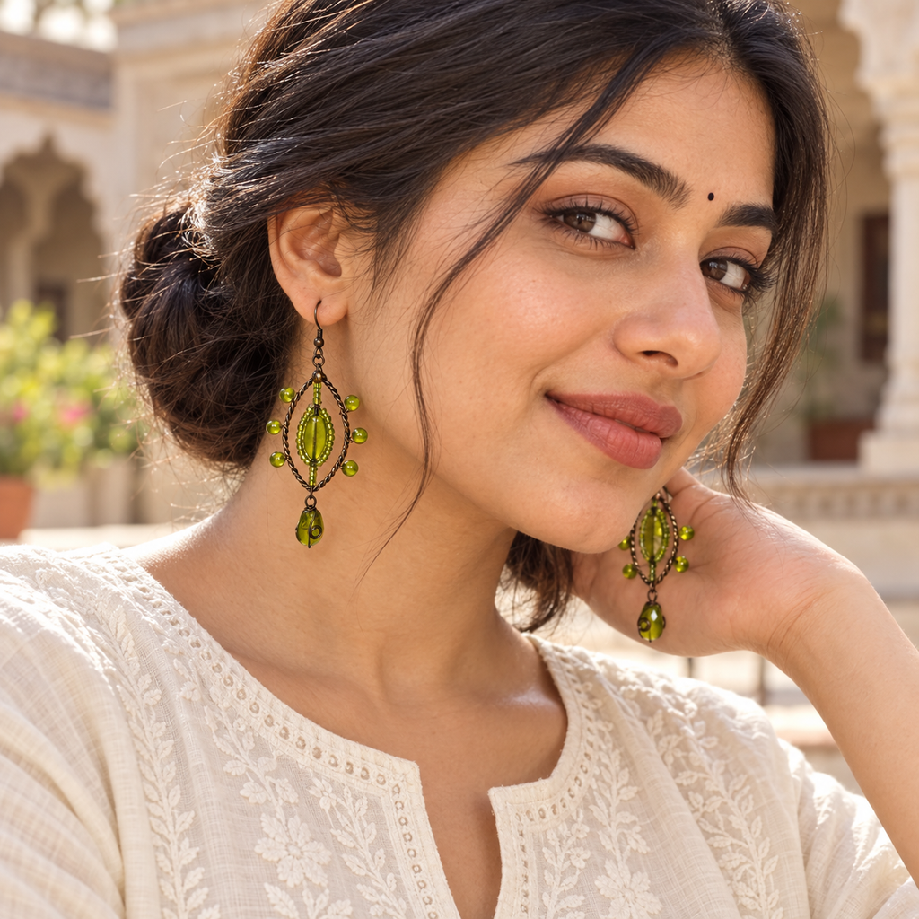 Meher Lime Green Beaded Leaf Drop Earrings | MyJhumki