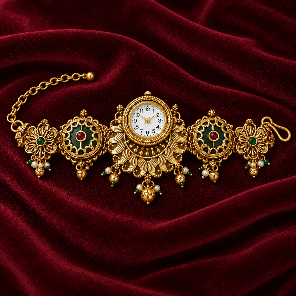 Meher Peacock Fan Kashmiri Jewellery Watch on a wine velvet backdrop