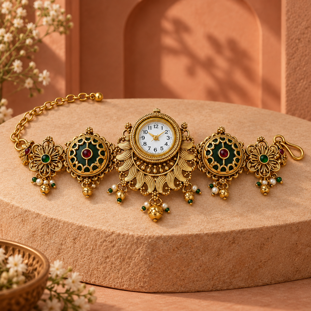 Meher Peacock Fan Kashmiri Jewellery Watch photographed in a terracotta studio setting