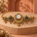 Meher Peacock Fan Kashmiri Jewellery Watch photographed in a terracotta studio setting