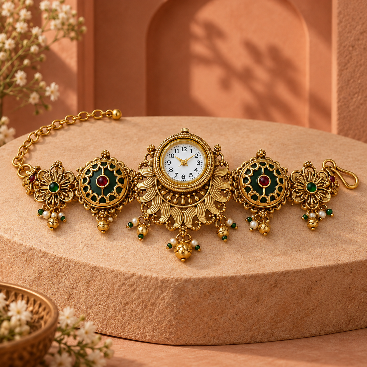 Meher Peacock Fan Kashmiri Jewellery Watch photographed in a terracotta studio setting