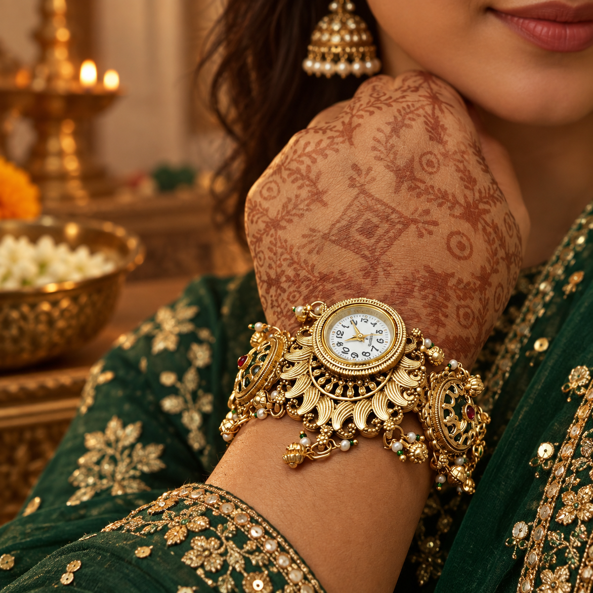 Model wearing the Meher Peacock Fan Kashmiri Jewellery Watch with an emerald outfit