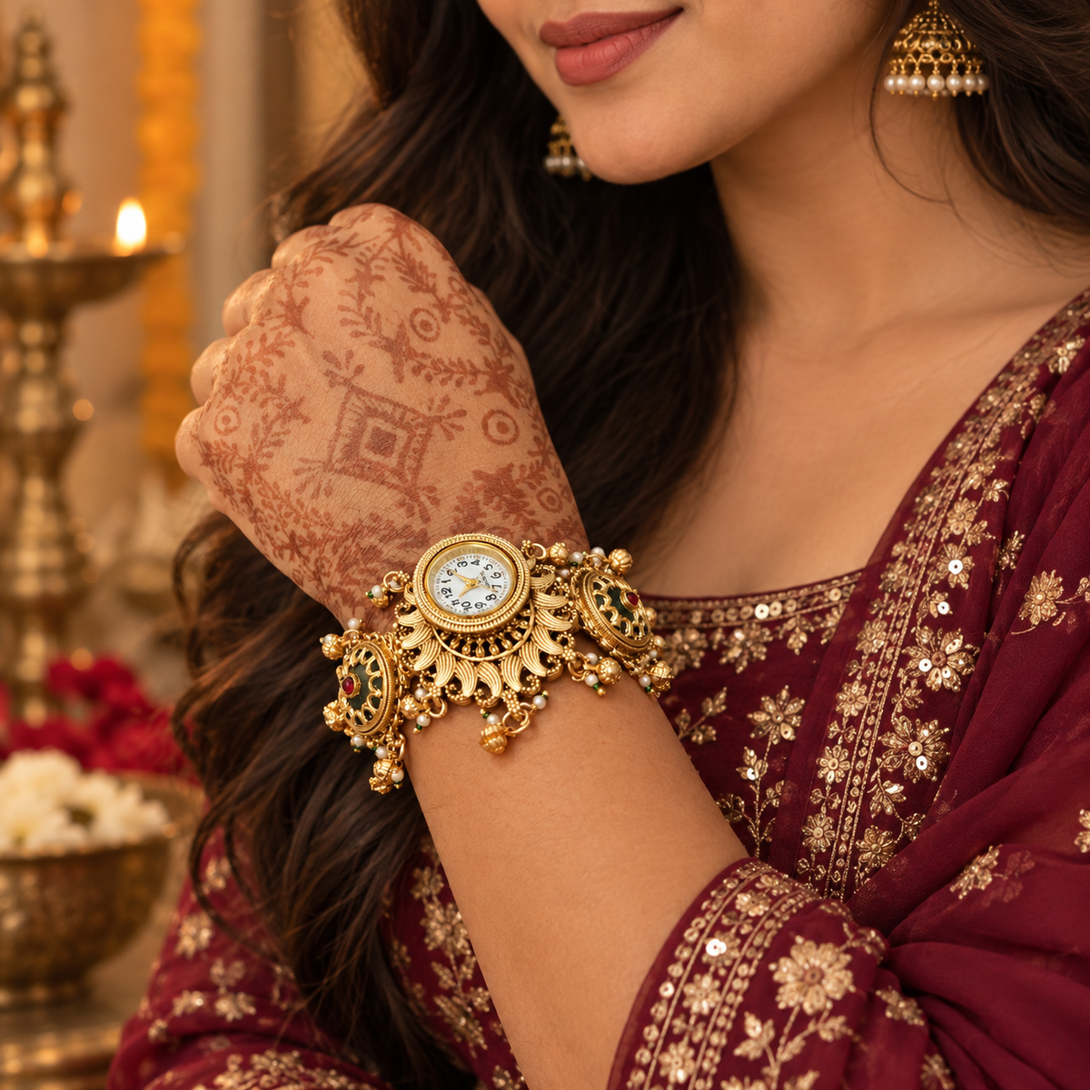 Model wearing the Meher Peacock Fan Kashmiri Jewellery Watch with a wine outfit