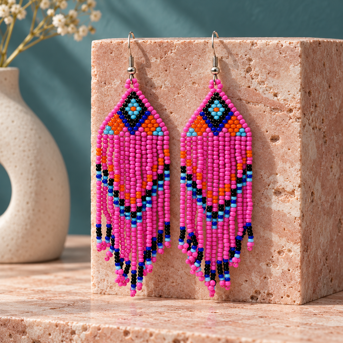 Meher Pink Chevron Beaded Earrings | MyJhumki