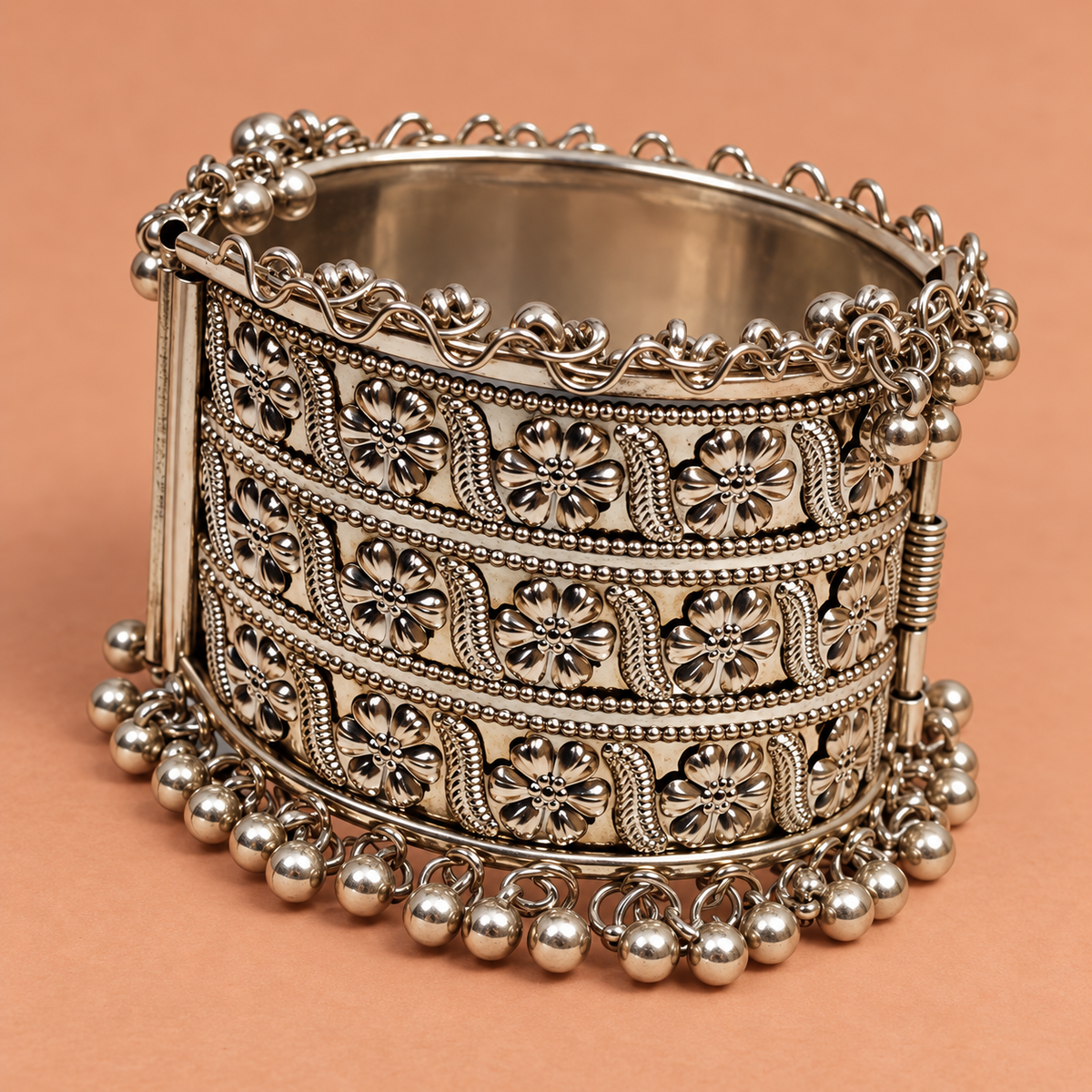 Mehr Filigree Panel Ghungroo Cuff Bracelet | MyJhumki