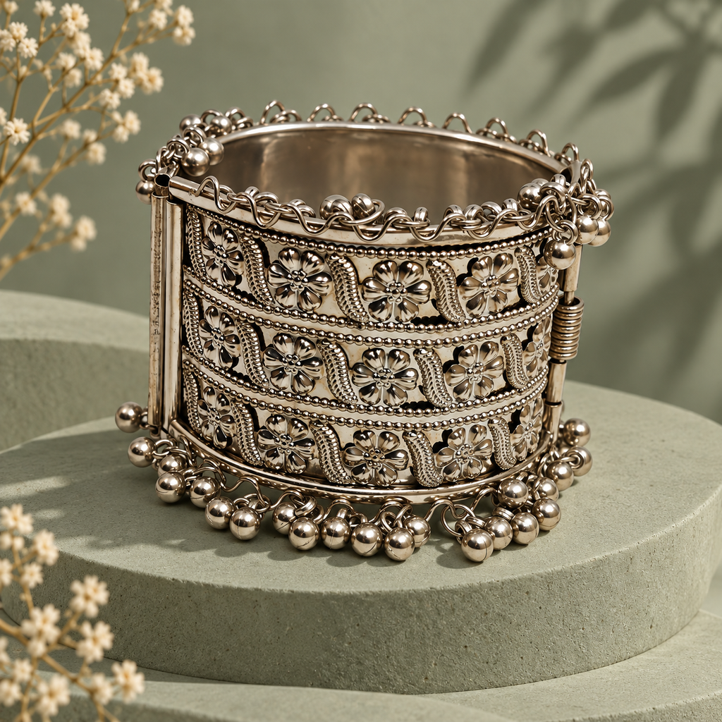 Mehr Filigree Panel Ghungroo Cuff Bracelet | MyJhumki