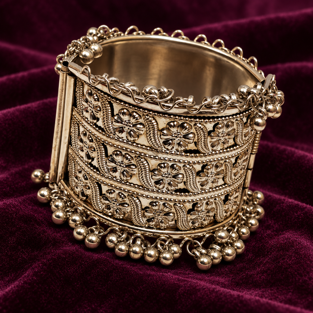 Mehr Filigree Panel Ghungroo Cuff Bracelet | MyJhumki