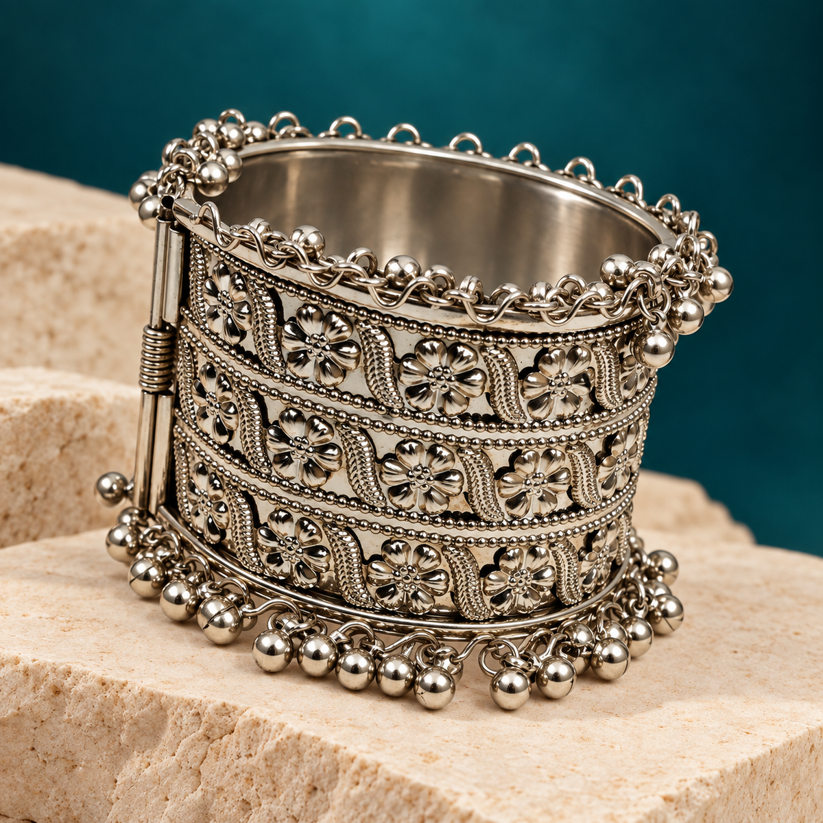 Mehr Filigree Panel Ghungroo Cuff Bracelet | MyJhumki