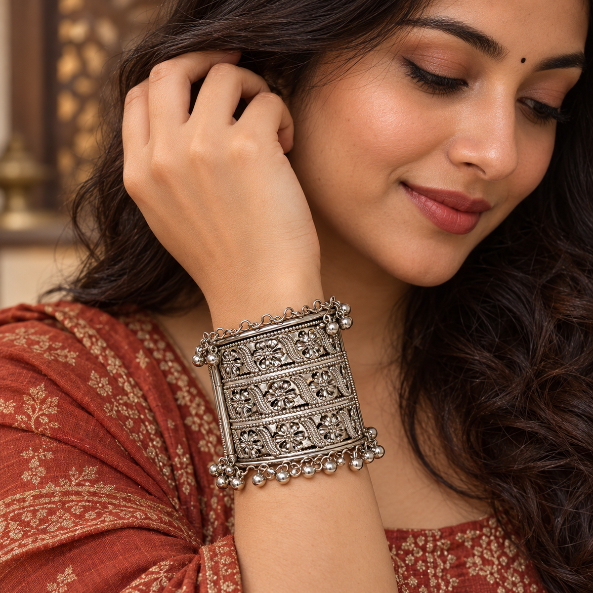 Mehr Filigree Panel Ghungroo Cuff Bracelet | MyJhumki