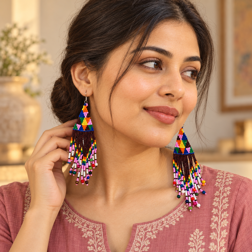 Misha Multicolour Beaded Fringe Earrings | MyJhumki
