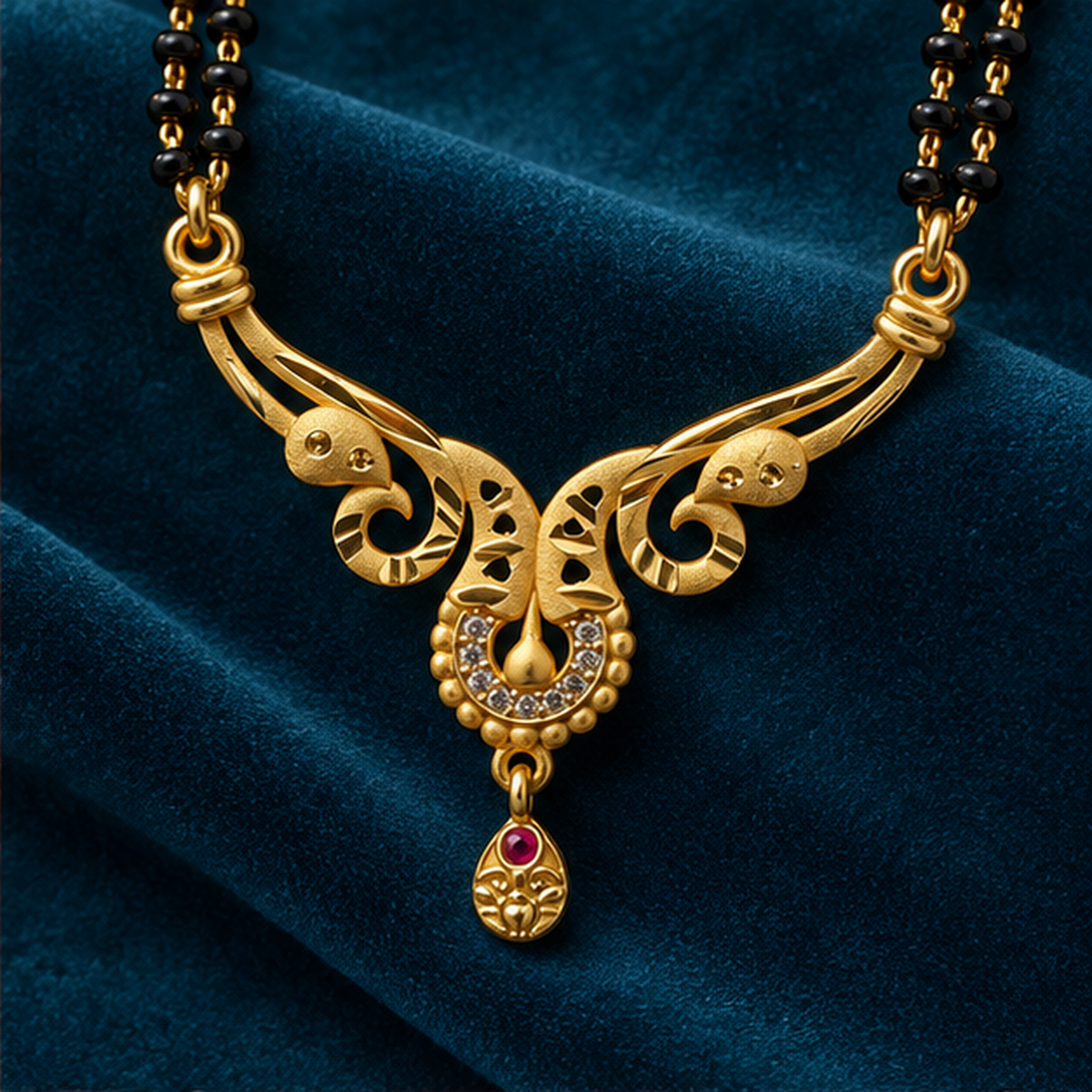 Morini Twin Peacock Gold-Tone Mangalsutra on a peacock blue velvet backdrop
