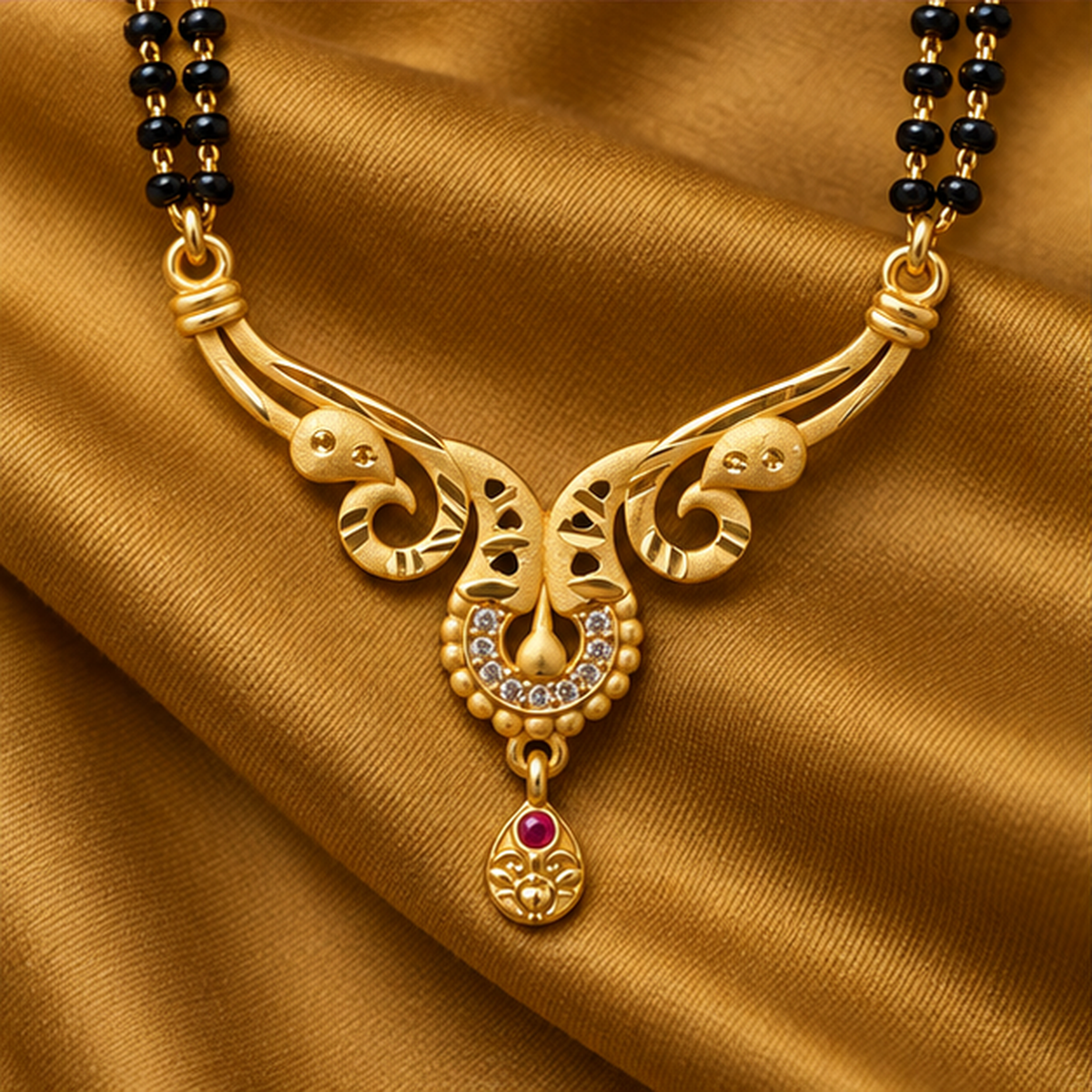 Morini Twin Peacock Gold-Tone Mangalsutra on a mustard ochre silk backdrop