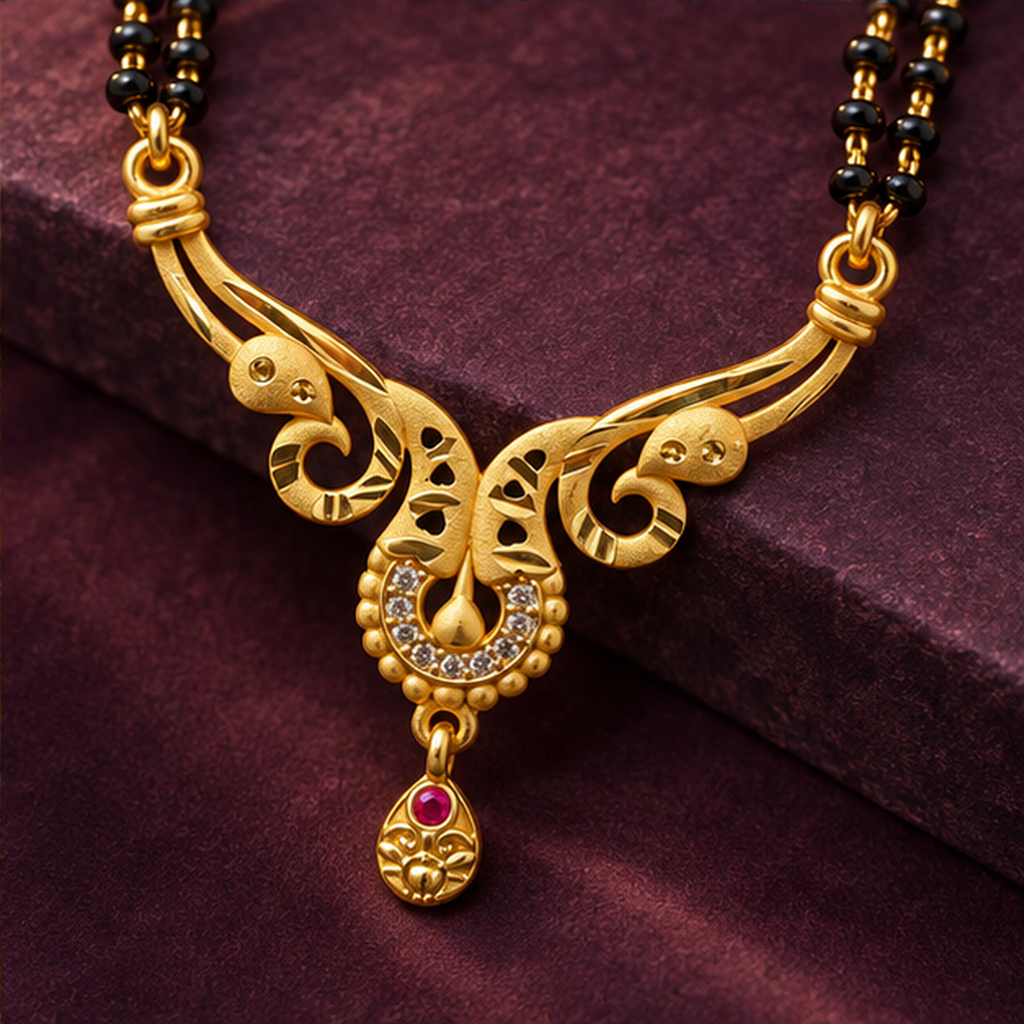 Morini Twin Peacock Gold-Tone Mangalsutra on a deep aubergine background