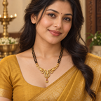 Model wearing the Morini Twin Peacock Gold-Tone Mangalsutra with a mustard outfit