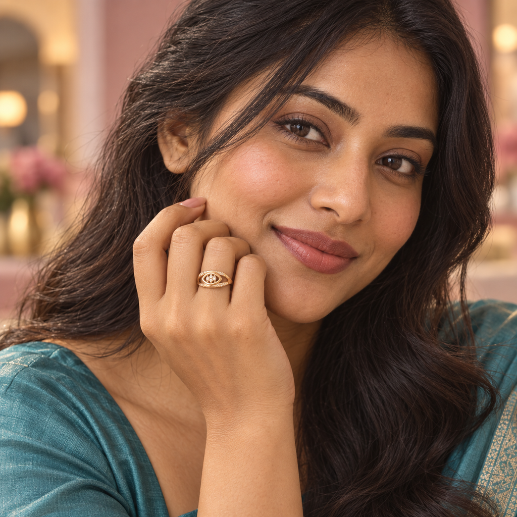Naina Sparkle Rose Gold-Tone Crossover Ring worn by a model