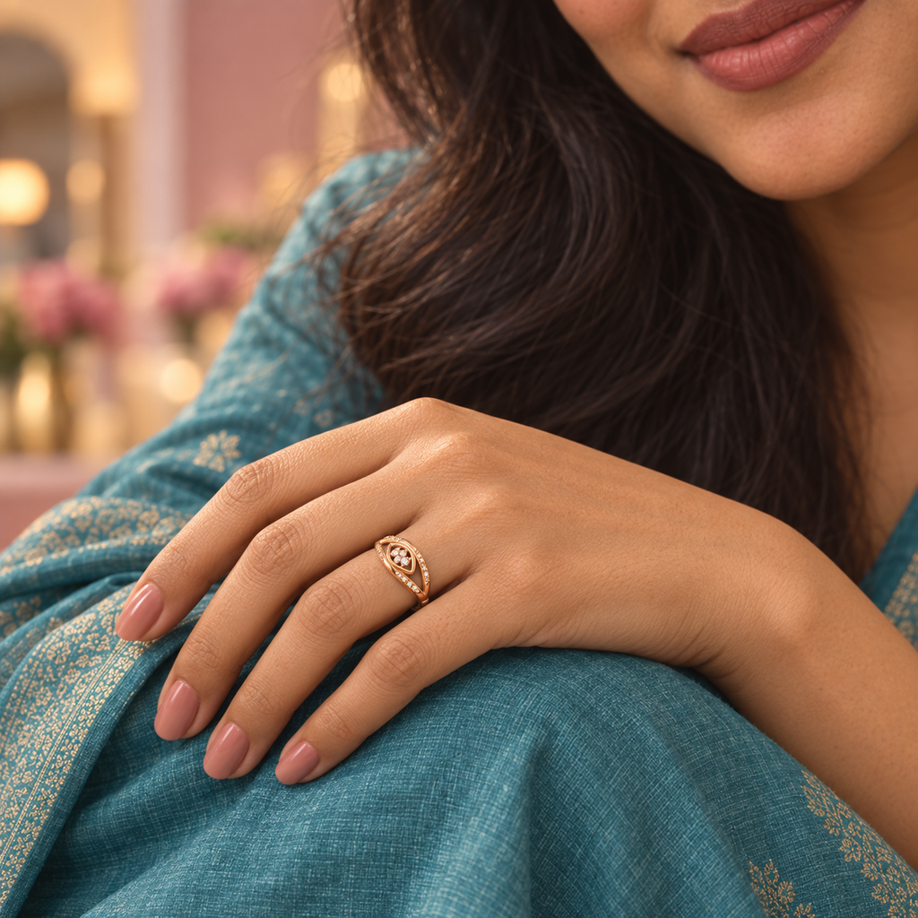 Model wearing the Naina Sparkle Rose Gold-Tone Crossover Ring — close-up