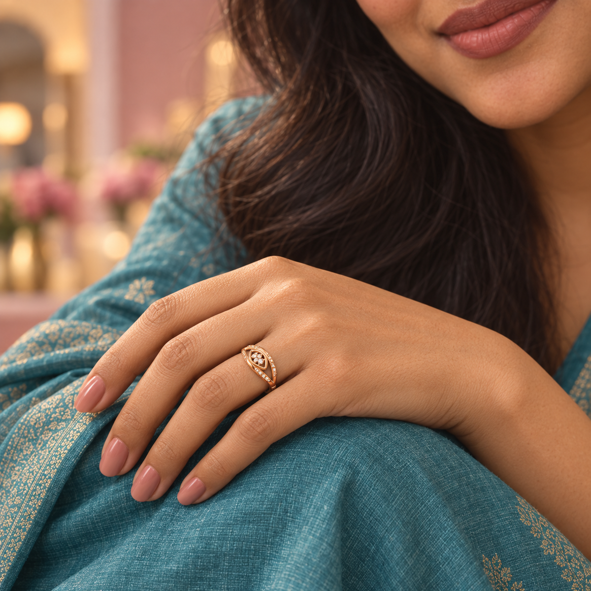 Model wearing the Naina Sparkle Rose Gold-Tone Crossover Ring — close-up