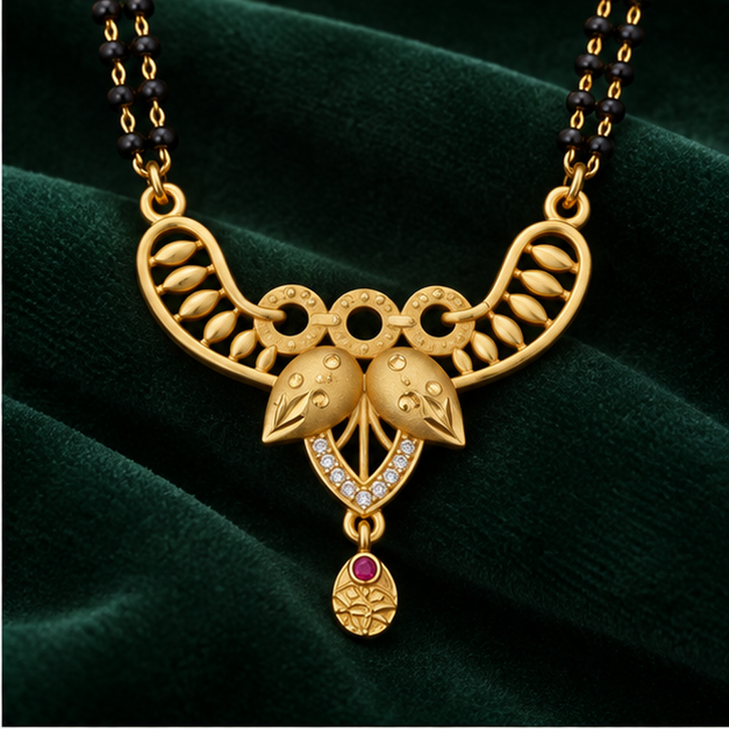 Navya Twin Leaf Sparkle Gold-Tone Mangalsutra on a forest green velvet backdrop