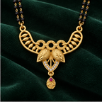 Navya Twin Leaf Sparkle Gold-Tone Mangalsutra on a forest green velvet backdrop