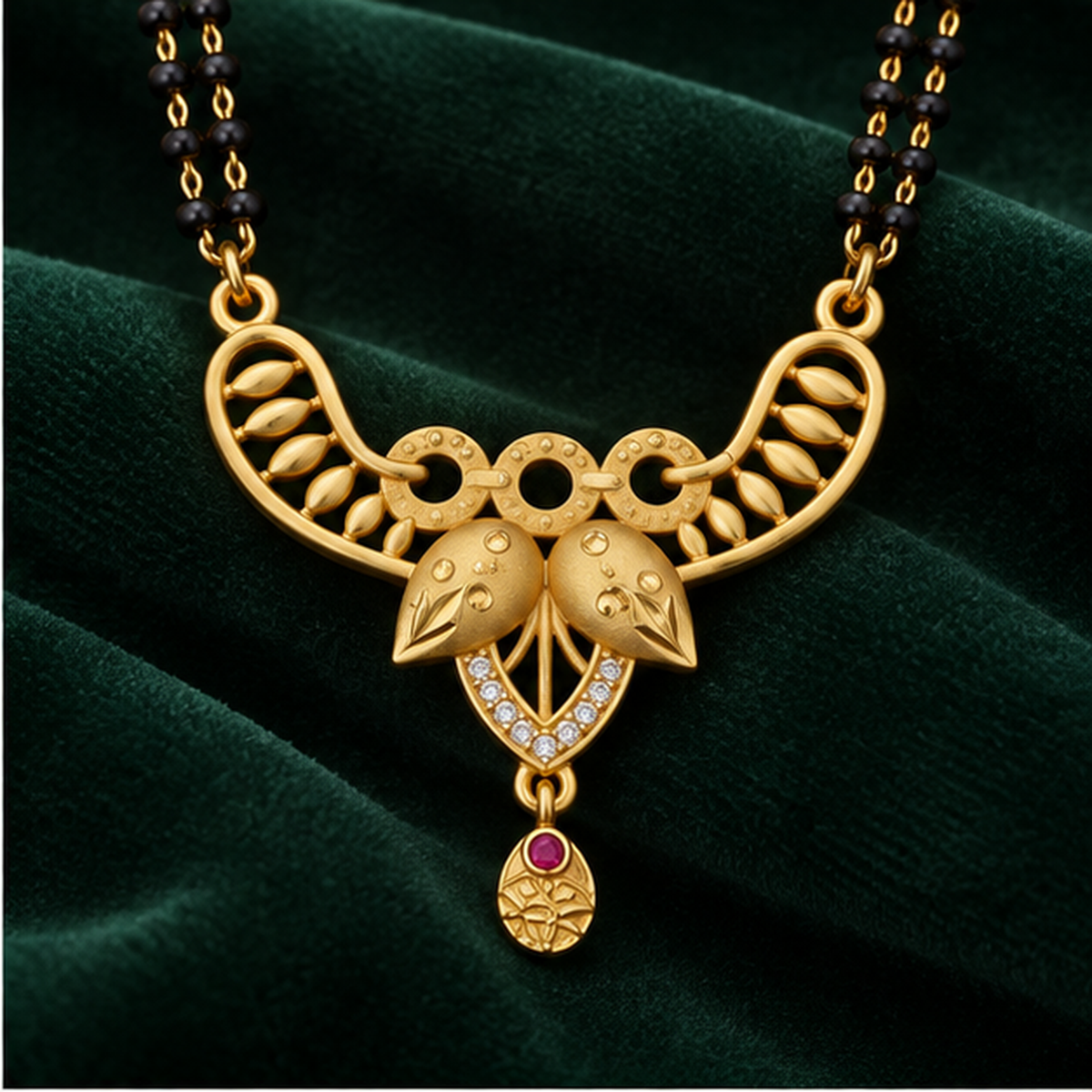 Navya Twin Leaf Sparkle Gold-Tone Mangalsutra on a forest green velvet backdrop
