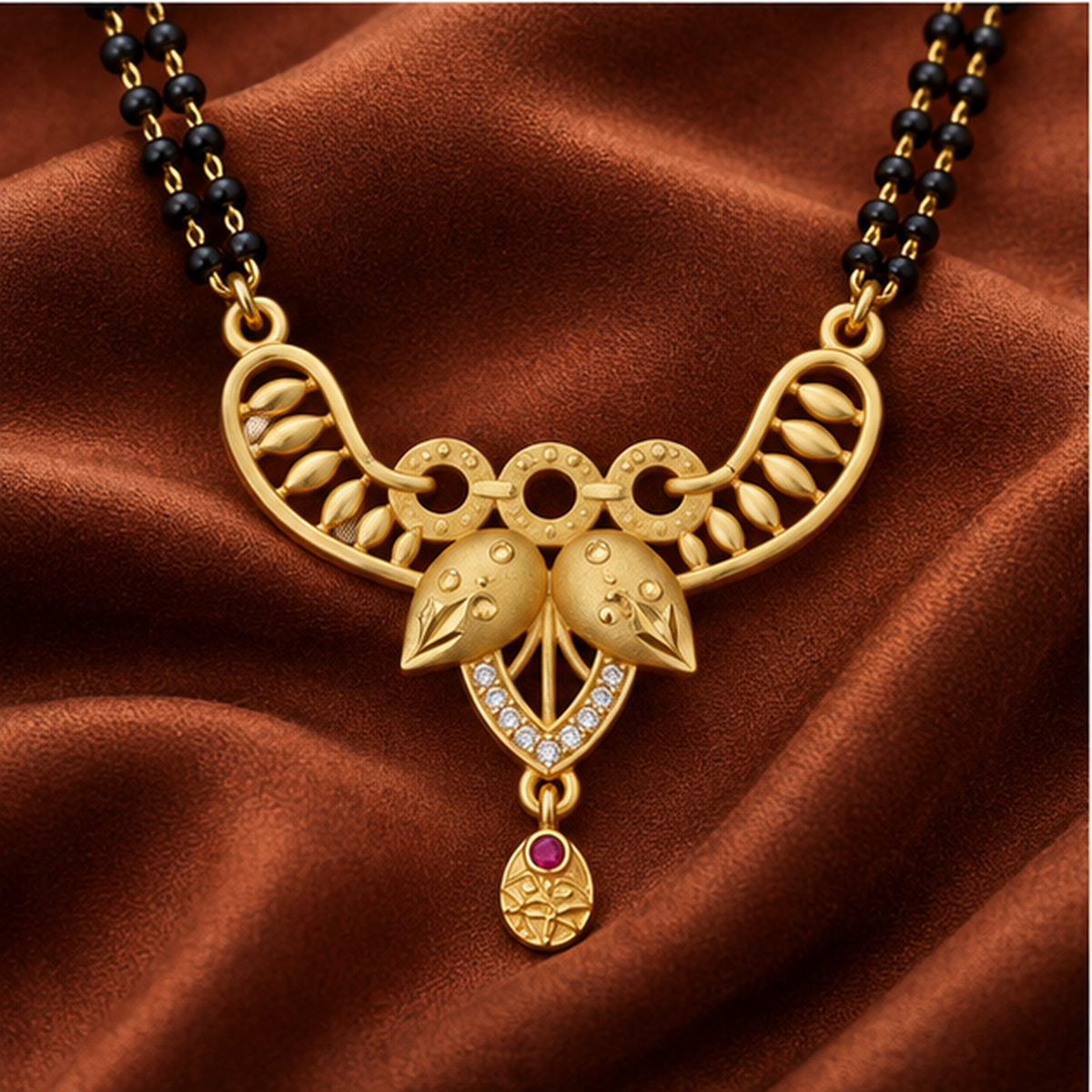 Navya Twin Leaf Sparkle Gold-Tone Mangalsutra on a cinnamon silk backdrop
