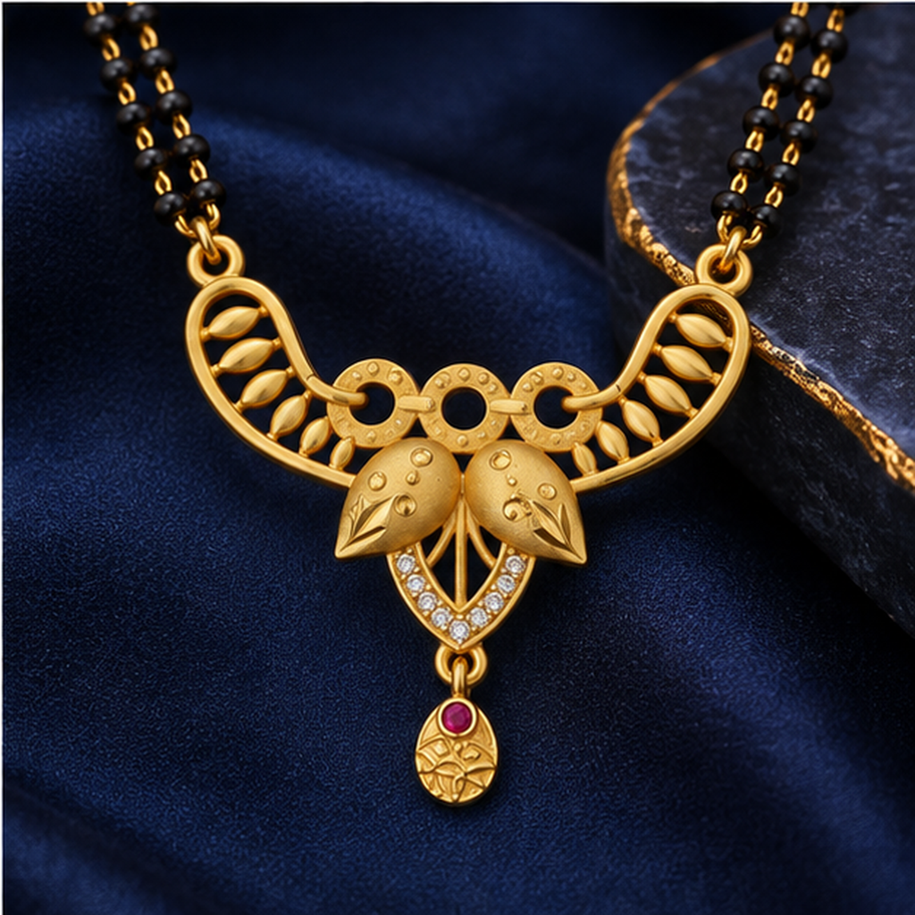 Navya Twin Leaf Sparkle Gold-Tone Mangalsutra on a midnight blue background