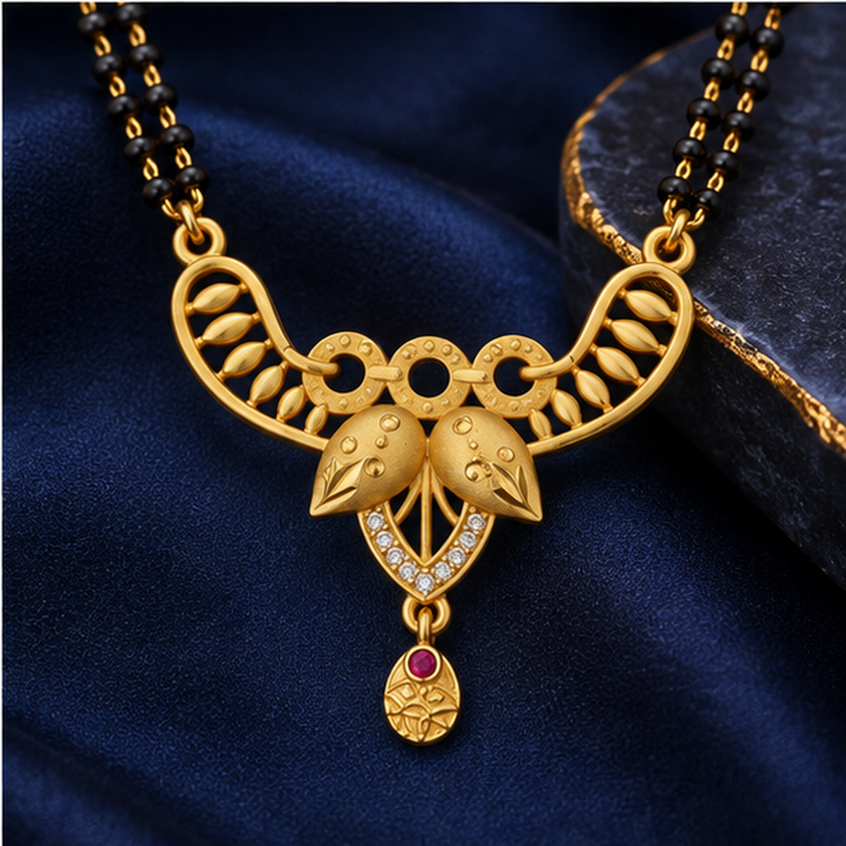 Navya Twin Leaf Sparkle Gold-Tone Mangalsutra on a midnight blue background
