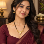 Model wearing the Navya Twin Leaf Sparkle Gold-Tone Mangalsutra with a wine outfit