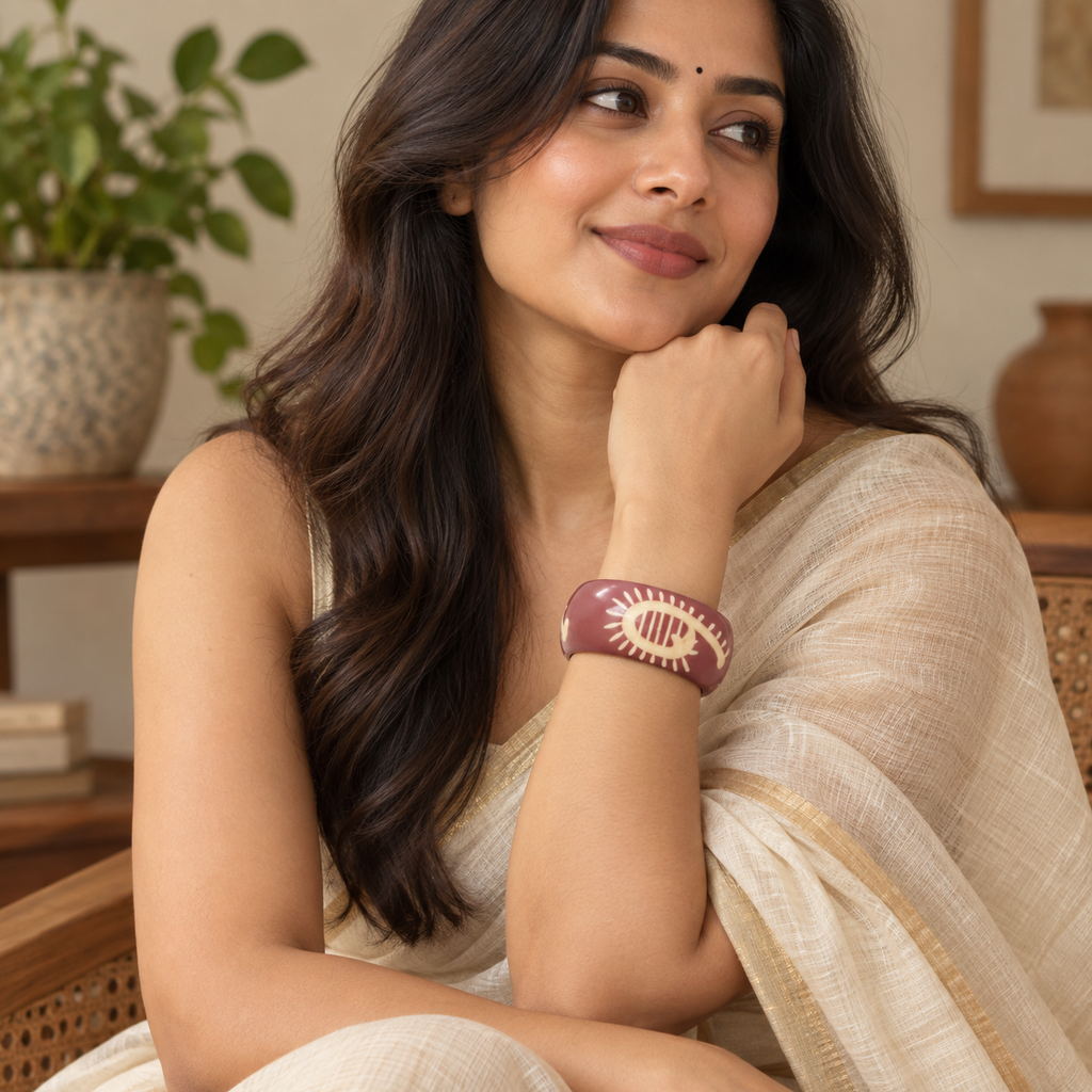 Nayra Ivory Sun Eye Mauve Acrylic Bangle | MyJhumki