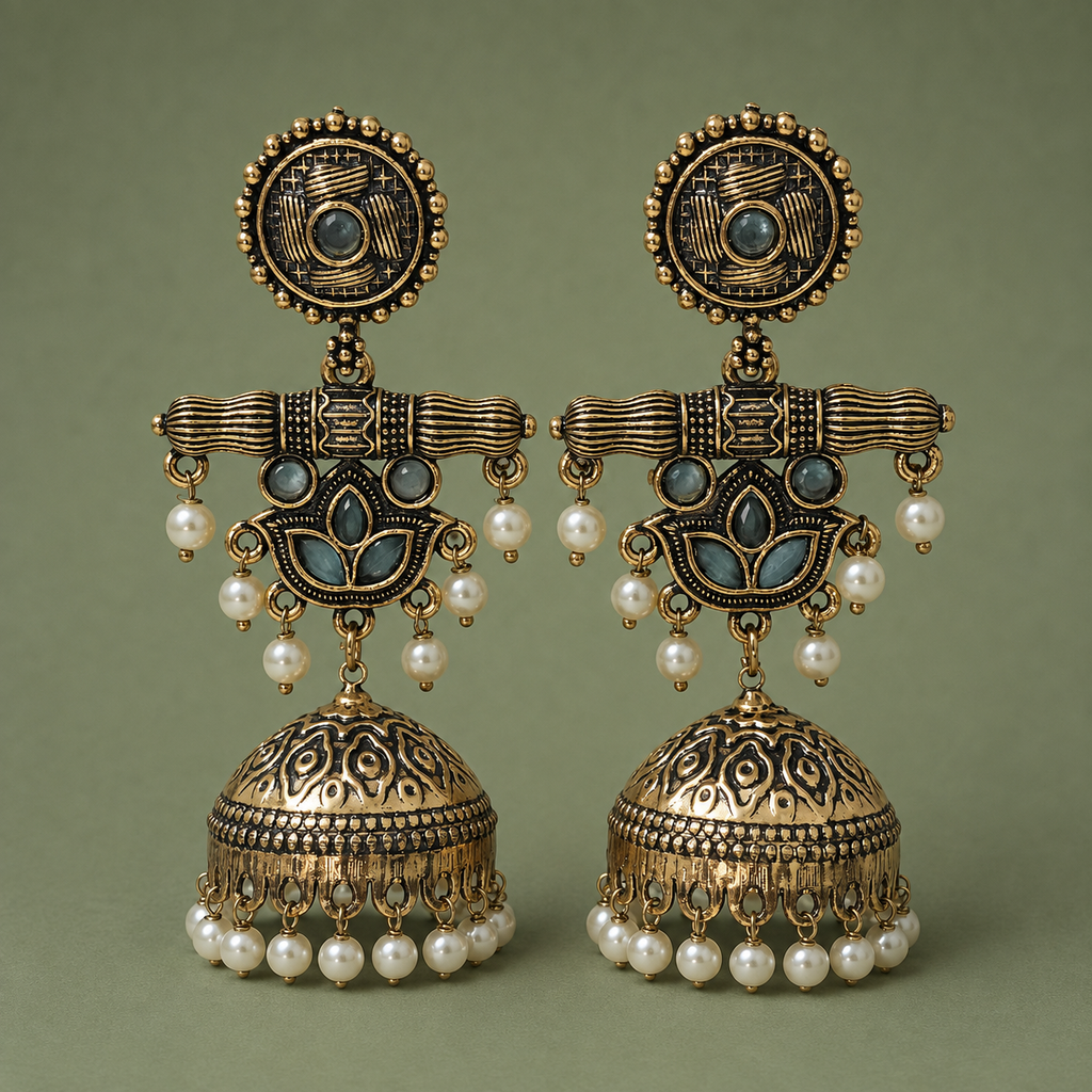 Neel Kamal Antique Lotus Jhumka Earrings by MyJhumki